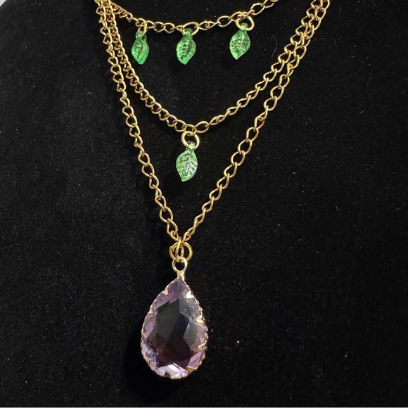 Fairycore Purple Ombre Crystal Pendant Green Leaf Necklace - Picture 5 of 16
